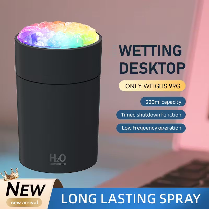 Humidificador USB y difusor de aromaterapia con lámpara que cambia de color: base blanca con iluminación arcoíris.