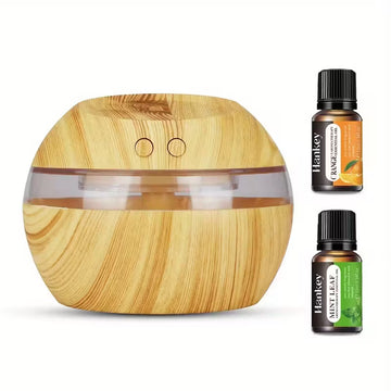 Humidificador y difusor de aromaterapia USB de 300 ml/10 oz con diseño de veta de madera, control táctil y luz nocturna.
