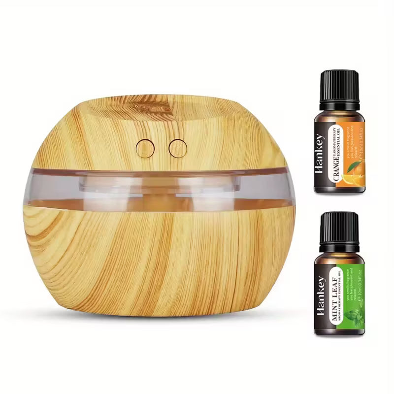 Humidificador y difusor de aromaterapia USB de 300 ml/10 oz con diseño de veta de madera, control táctil y luz nocturna.