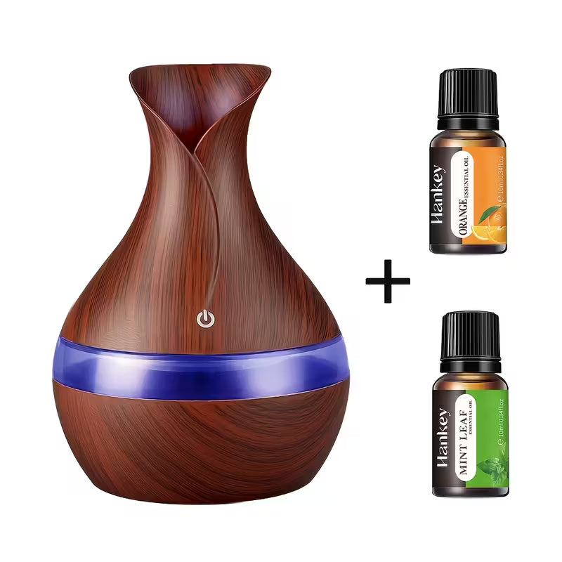 Humidificador y difusor de interior USB con forma de hongo: capacidad de 300 ml, 7 luces LED y diseño de veta de madera.