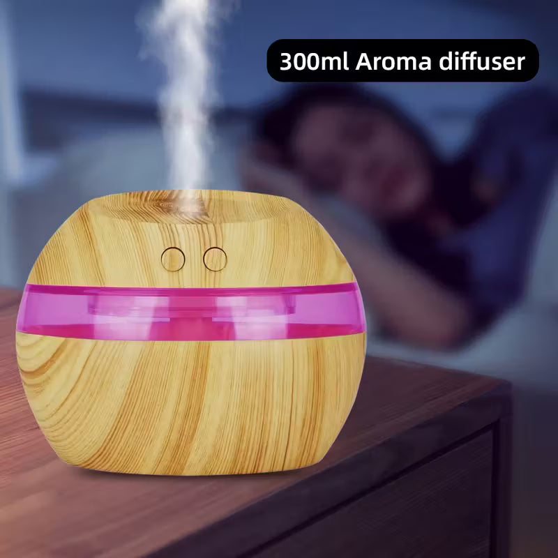 Humidificador y difusor de aromaterapia USB de 300 ml/10 oz con diseño de veta de madera, control táctil y luz nocturna.