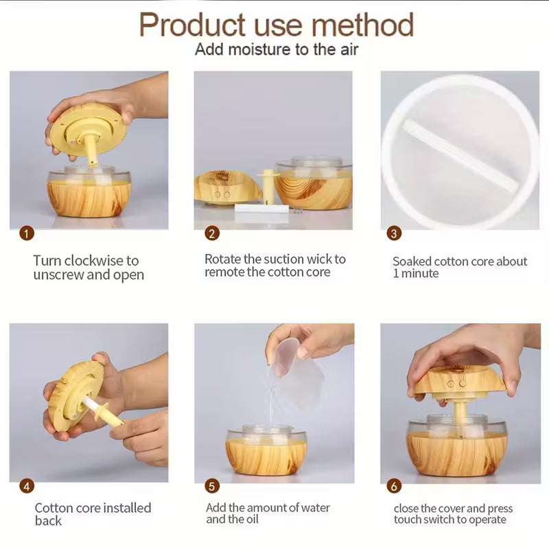 Humidificador y difusor de aromaterapia USB de 300 ml/10 oz con diseño de veta de madera, control táctil y luz nocturna.