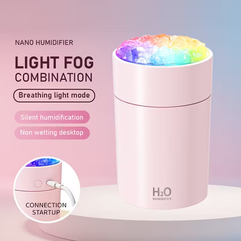 Humidificador USB y difusor de aromaterapia con lámpara que cambia de color: base blanca con iluminación arcoíris.
