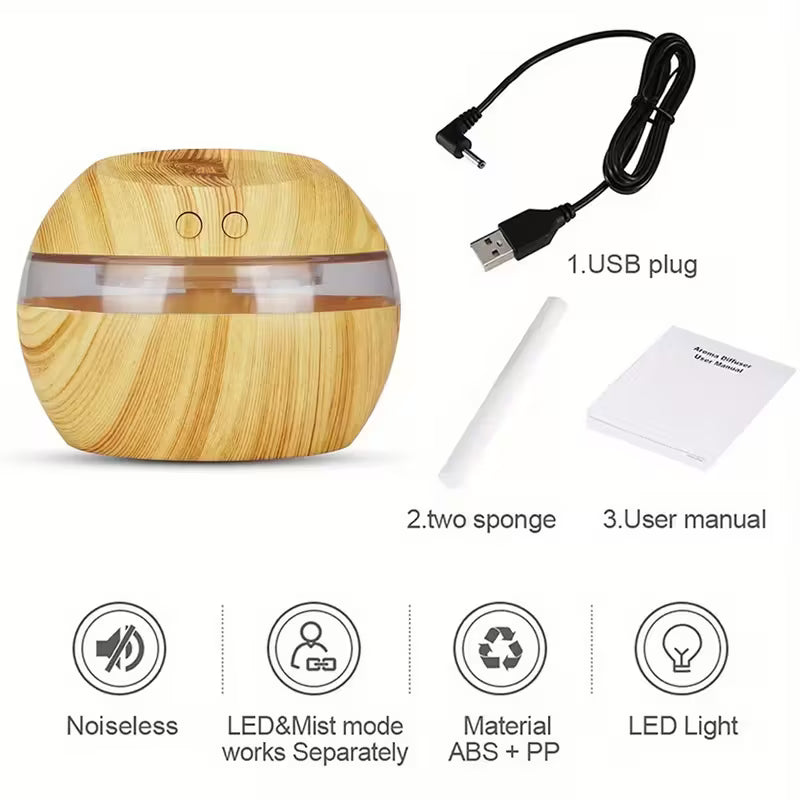 Humidificador y difusor de aromaterapia USB de 300 ml/10 oz con diseño de veta de madera, control táctil y luz nocturna.