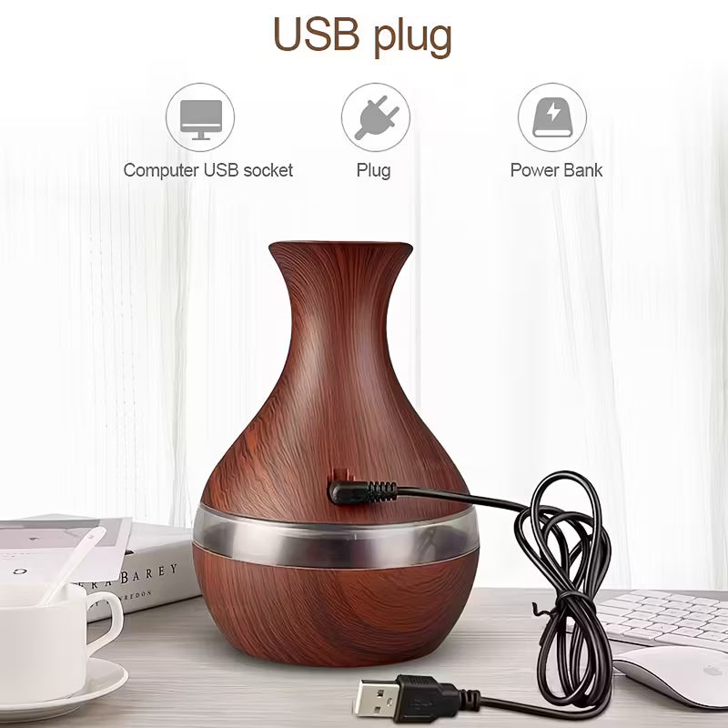 Humidificador y difusor de interior USB con forma de hongo: capacidad de 300 ml, 7 luces LED y diseño de veta de madera.