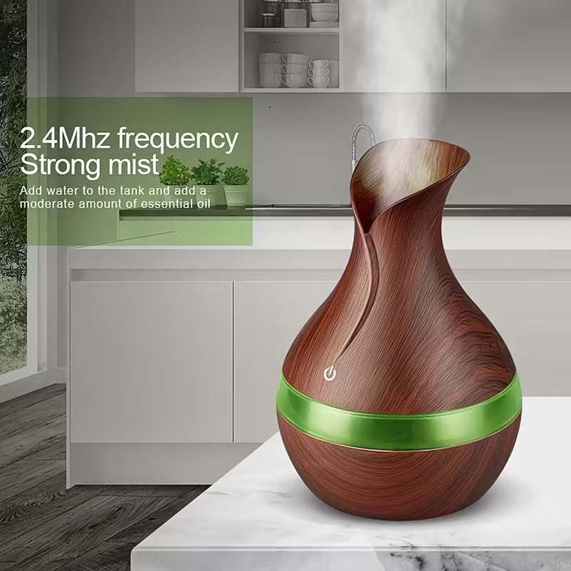 Humidificador y difusor de interior USB con forma de hongo: capacidad de 300 ml, 7 luces LED y diseño de veta de madera.